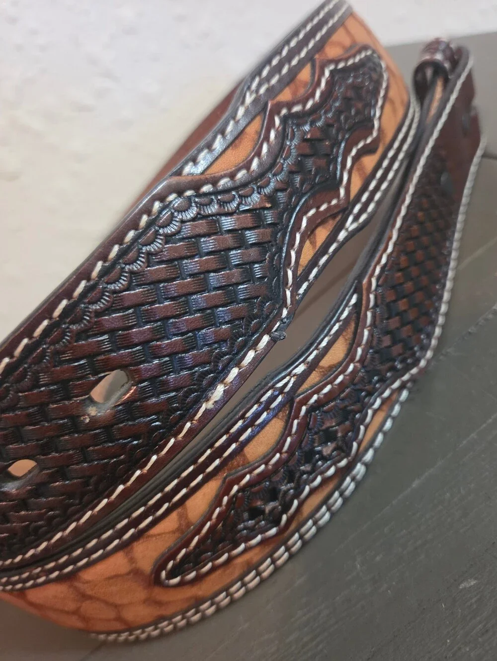 Men's Brown and Black Leather Belt with Decorative Weave